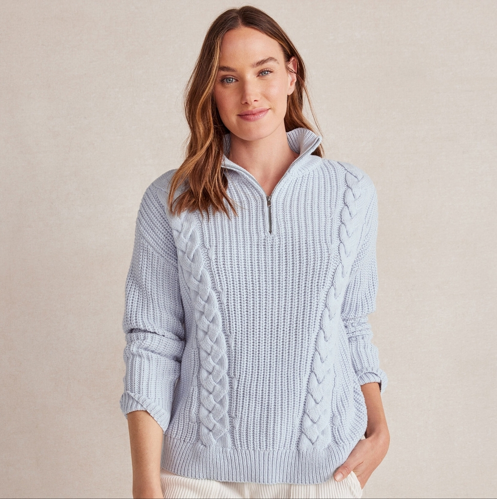 Talbots Haven chunky knit shaker stitch half zip cable knit sweater powder blue